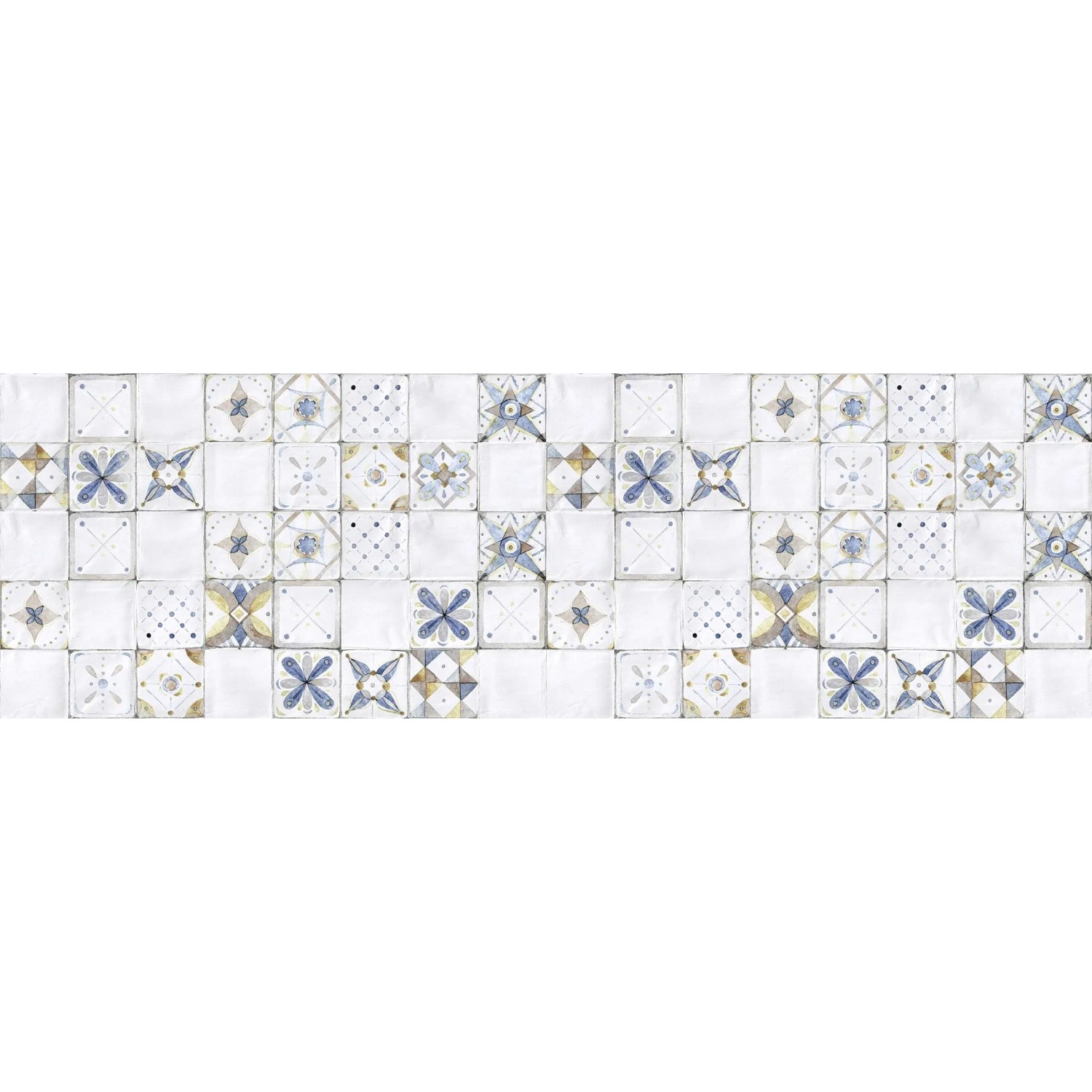 Paraschizzi decorativo t.b.t. con ornamenti blu e gialli.