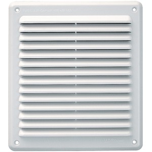 Griglia di ventilazione t.b.t. bianca, quadrata con lamelle orizzontali per montaggio a parete.