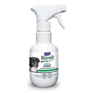 Spray Repelt per cani, antiparassitario in flacone spray bianco.