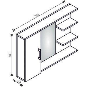 Schizzo di un mobile specchio con ripiani e dimensioni.