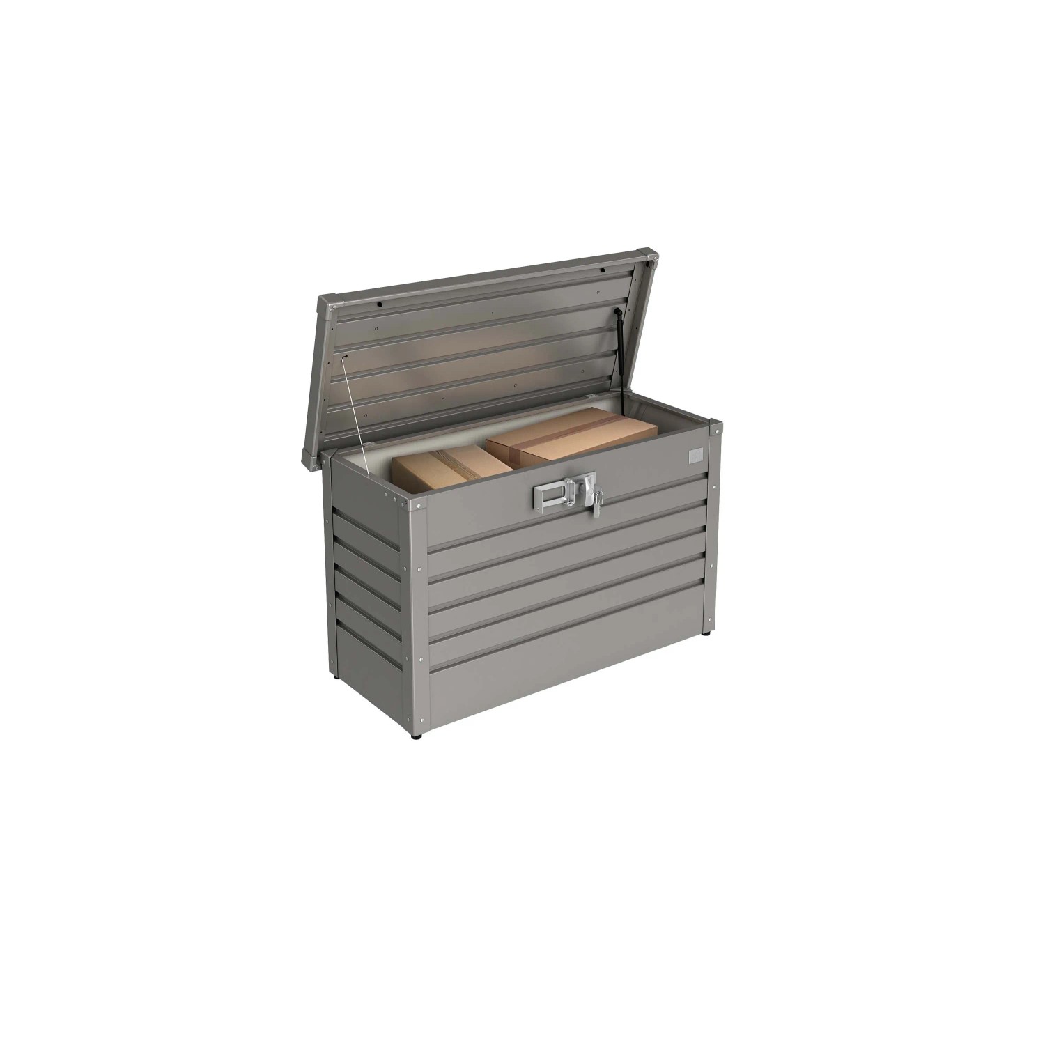 Biohort Paket-Box 100 aperta in grigio quarzo metallizzato con pacchi. Box universale antifurto per servizi di spedizione.