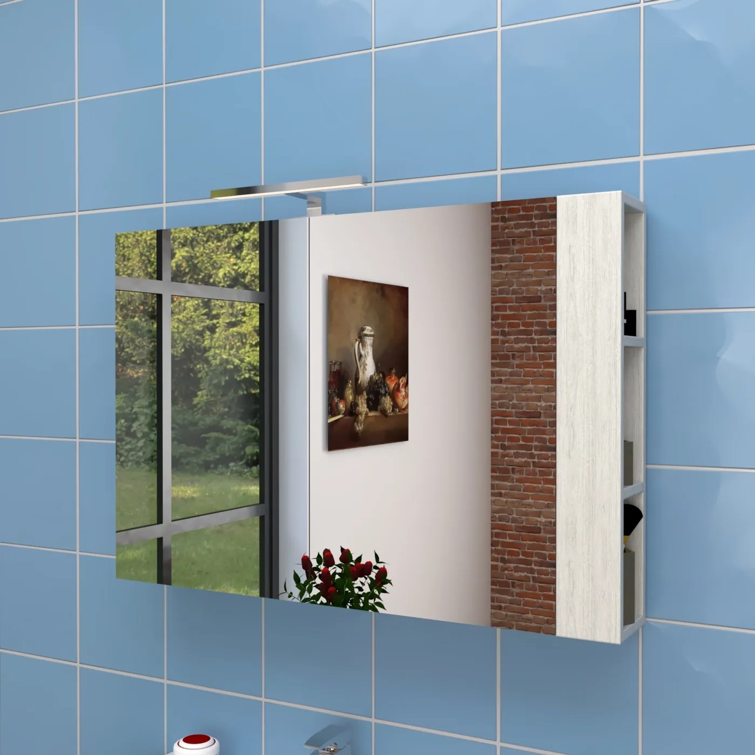 Specchiera t.b.t. con illuminazione e ripiano laterale nel bagno.