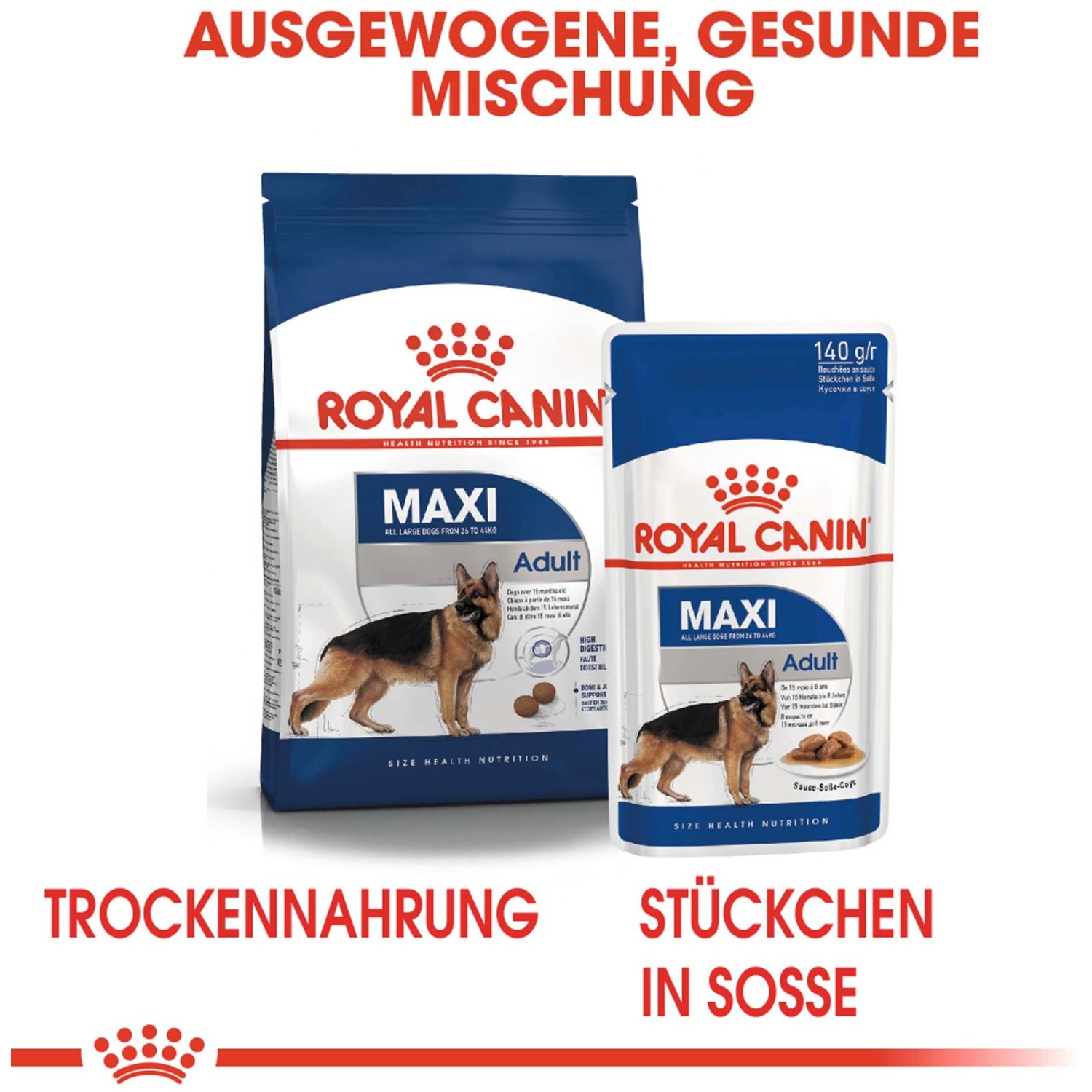 Royal Canin Maxi Adult: cibo secco e umido per cani di taglia grande, confezione da 15 kg.