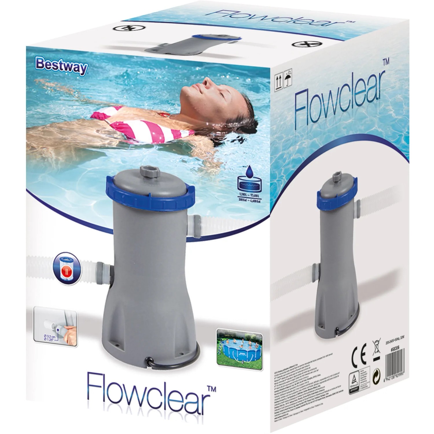 Confezione di un sistema di filtraggio a cartuccia Flowclear per piscine, grigio con accenti blu.