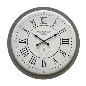 Orologio da parete decorativo in stile vintage con numeri romani e cornice grigia.