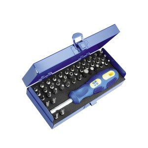 Set di inserti di sicurezza LUX, 41 pezzi, in scatola metallica blu con cacciavite e inserti vari.