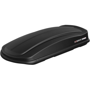 Box da tetto nera per portapacchi auto, accessorio per il trasporto.