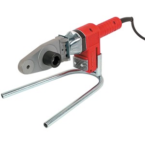 Saldatrice a manicotto Rothenberger con mandrini riscaldanti e supporto per tubi in plastica.