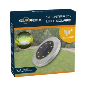 Confezione di un segnapasso solare a LED t.b.t. rotondo in metallo.