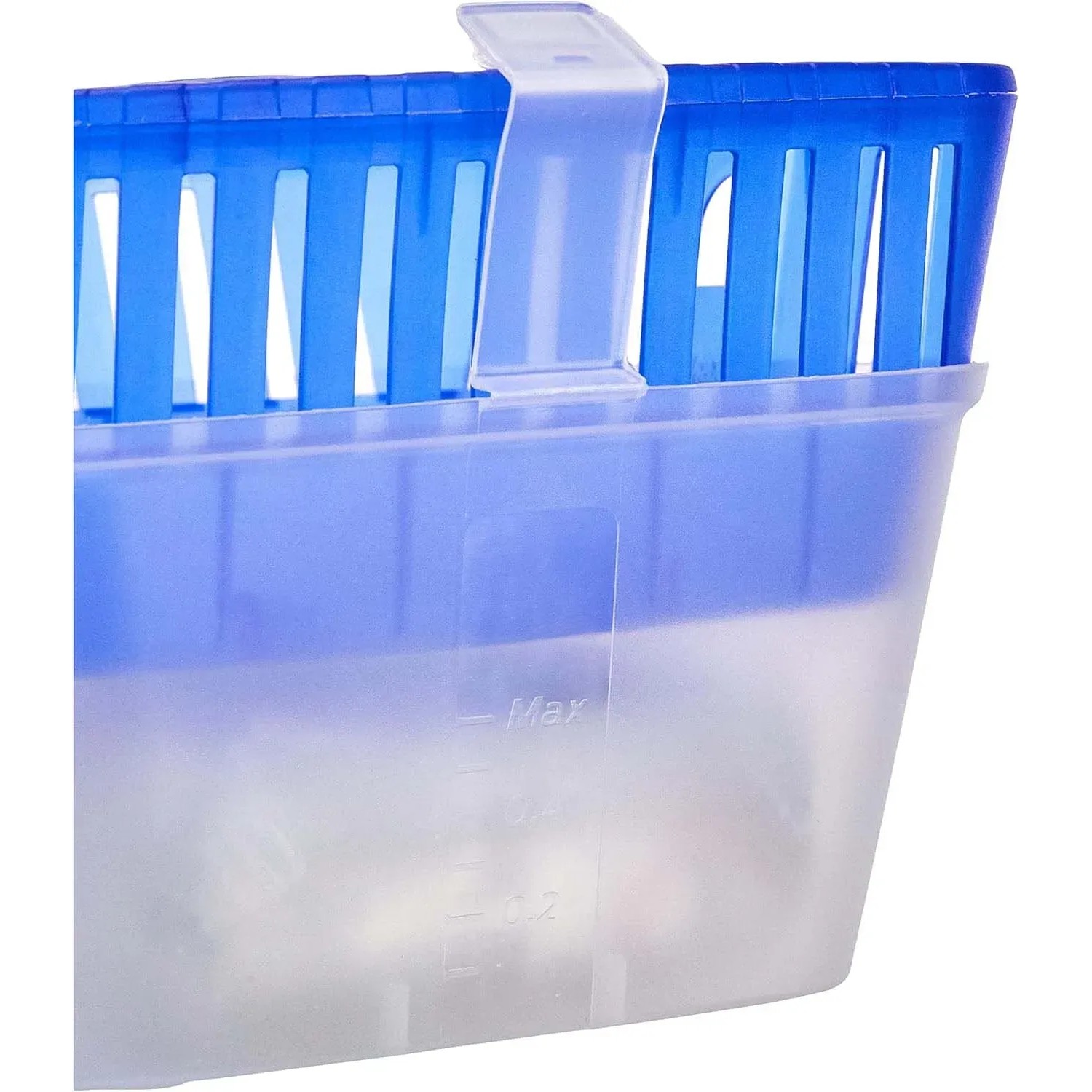 Dettaglio deumidificatore: Contenitore con griglia blu e indicatore di livello.