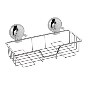Cesto da parete cromato con ventose per riporre accessori da bagno.