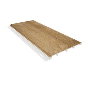 Rivestimento murale t.b.t. effetto legno con profilo di supporto bianco.