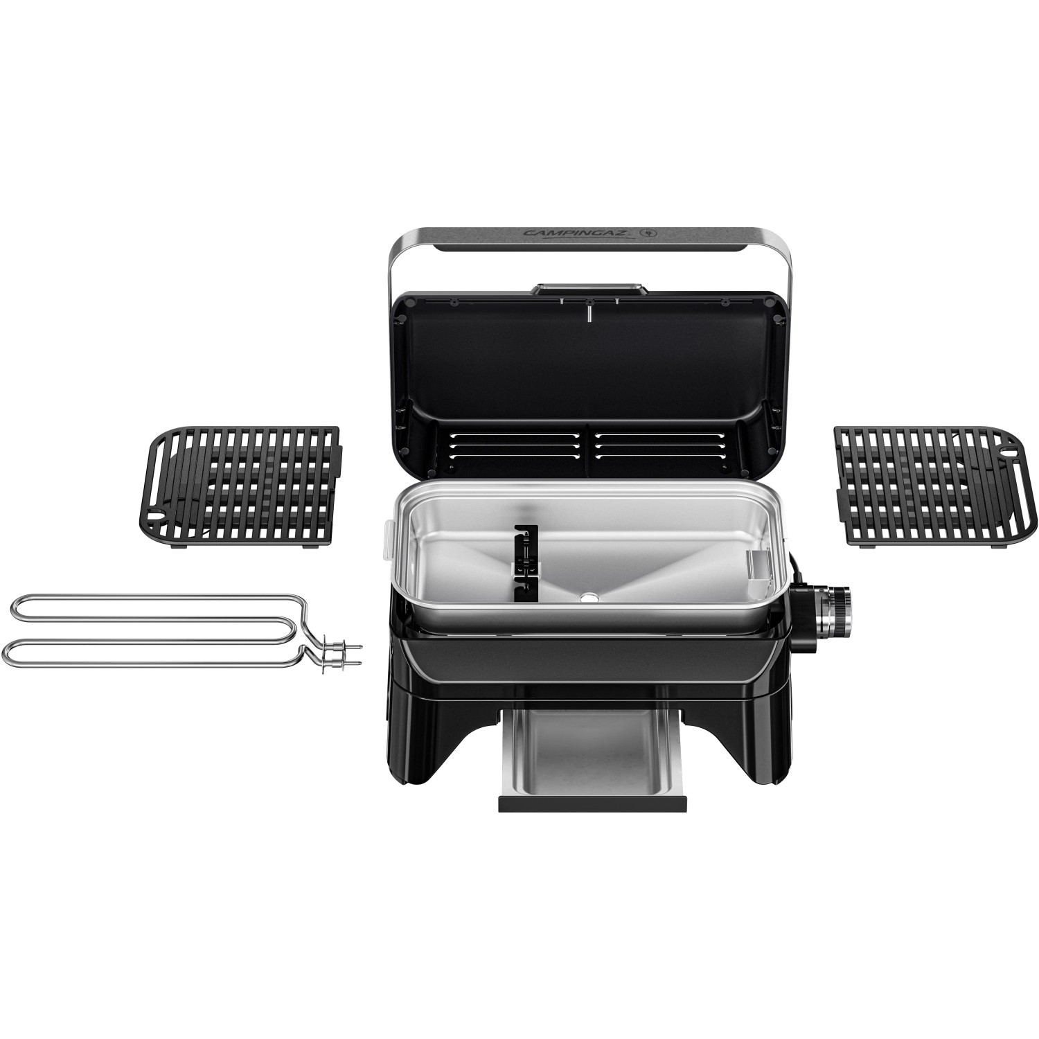 Campingaz Barbecue Elettrico Attitude 2 Go Electric, aperto con accessori. Grill da tavolo compatto per campeggio e giardino.