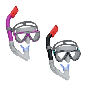 Due set di maschera da sub e snorkel in viola e nero. Ideale per lo snorkeling e le immersioni.