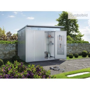 Casetta da giardino in metallo Biohort AvantGarde ECO A1, argento metallizzato, con porta standard aperta e interni.