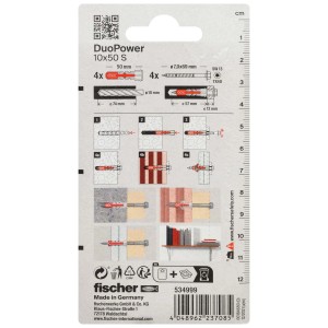 Tasselli Fischer DuoPower 10x50 S, adatti a diversi materiali da costruzione.