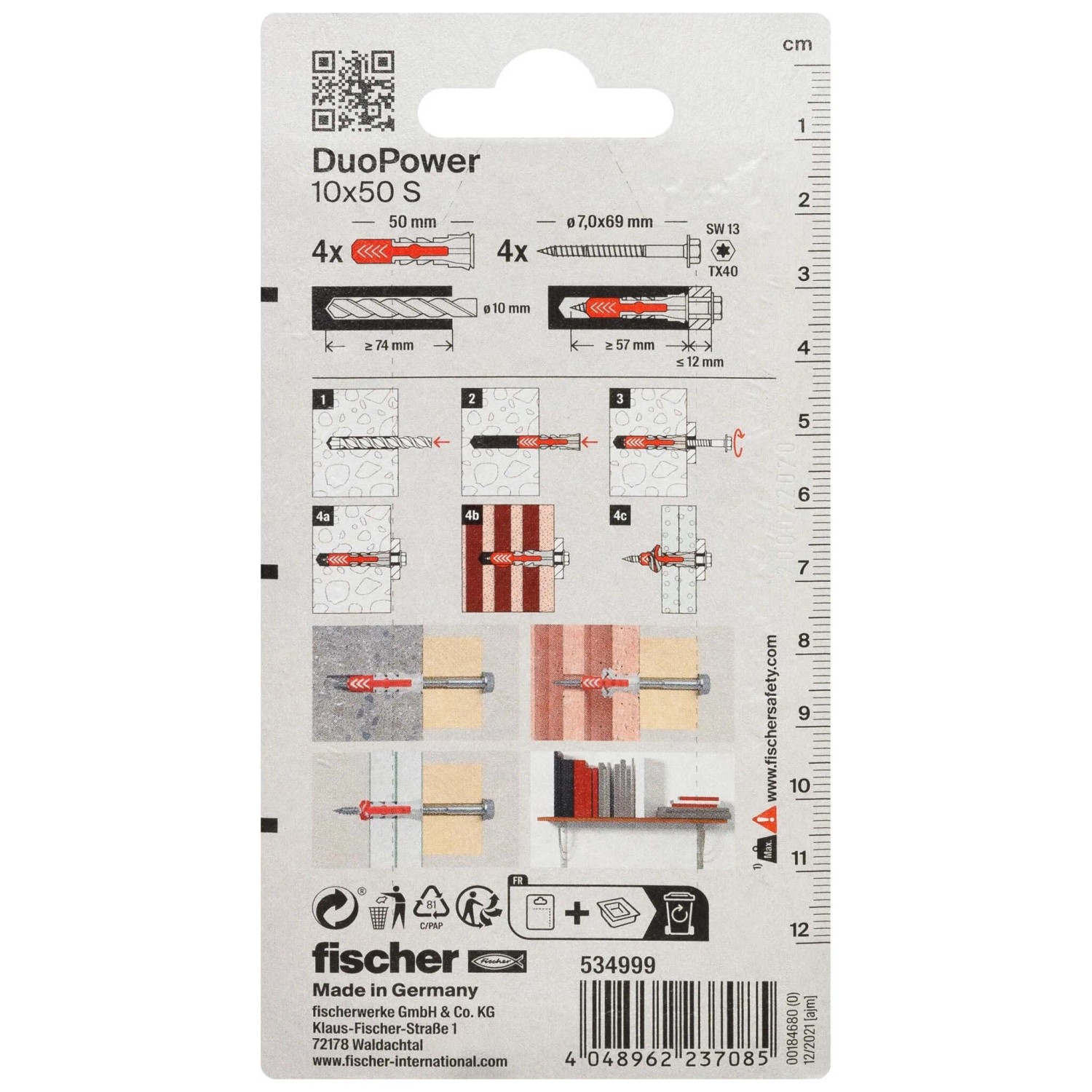 Tasselli Fischer DuoPower 10x50 S, adatti a diversi materiali da costruzione.