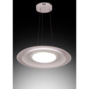 Moderna lampada a sospensione t.b.t. bianca con forma rotonda per interni.