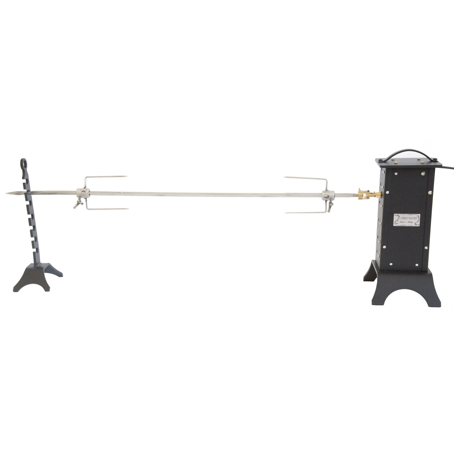 Set girarrosto per barbecue a carbonella, con motore e supporto.