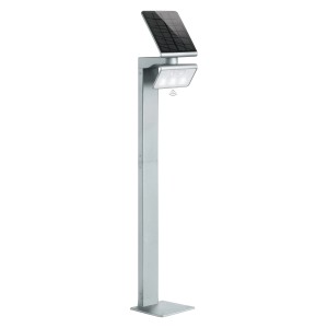 Lampada da vialetto solare a LED Steinel XSolar GL-S argento con sensore di movimento e pannello solare.