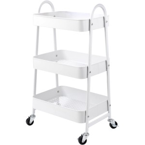 Carrello da cucina bianco con tre ripiani e ruote.