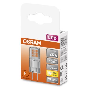 Lampadina LED Osram GY6.35, bianco caldo, 2.6W, nella confezione.