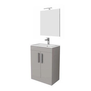 Mobile bagno grigio con lavabo e specchio, parte della serie di arredo bagno OBI.
