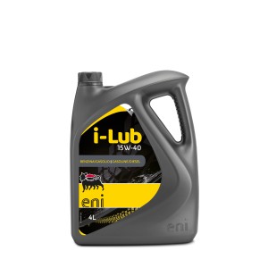 Tanica grigia da 4L di olio motore i-Lub 15W-40 di Eni per motori benzina e diesel.