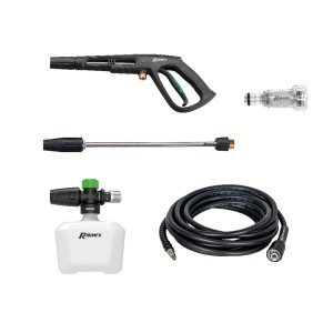 Set accessori per idropulitrice: pistola, lancia, tubo, contenitore detergente e adattatore.