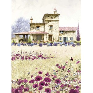 Dipinto in stile Quadri: Villa toscana con campo di papaveri in primo piano.