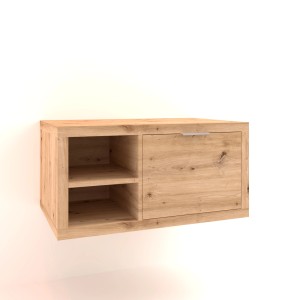 Mobile bagno sospeso in legno con ripiano a giorno e cassetto.