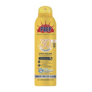 Spray solare Prep SPF 30 per pelli sensibili in flacone giallo.