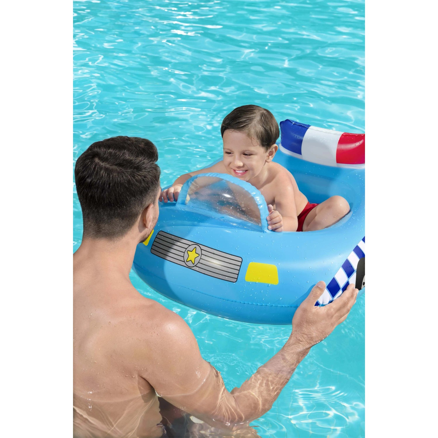 Auto della polizia gonfiabile blu per bambini in piscina. Accessorio divertente per piscina.