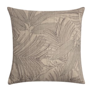 Cuscino decorativo quadrato con motivo a foglia di palma in beige e marrone.