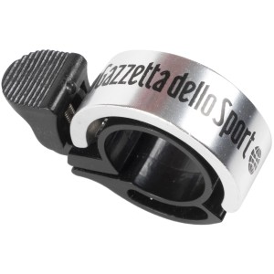 Campanello per bicicletta con anello argentato e leva nera per montaggio sul manubrio.
