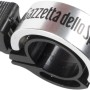 Campanello per bicicletta con anello argentato e leva nera per montaggio sul manubrio.