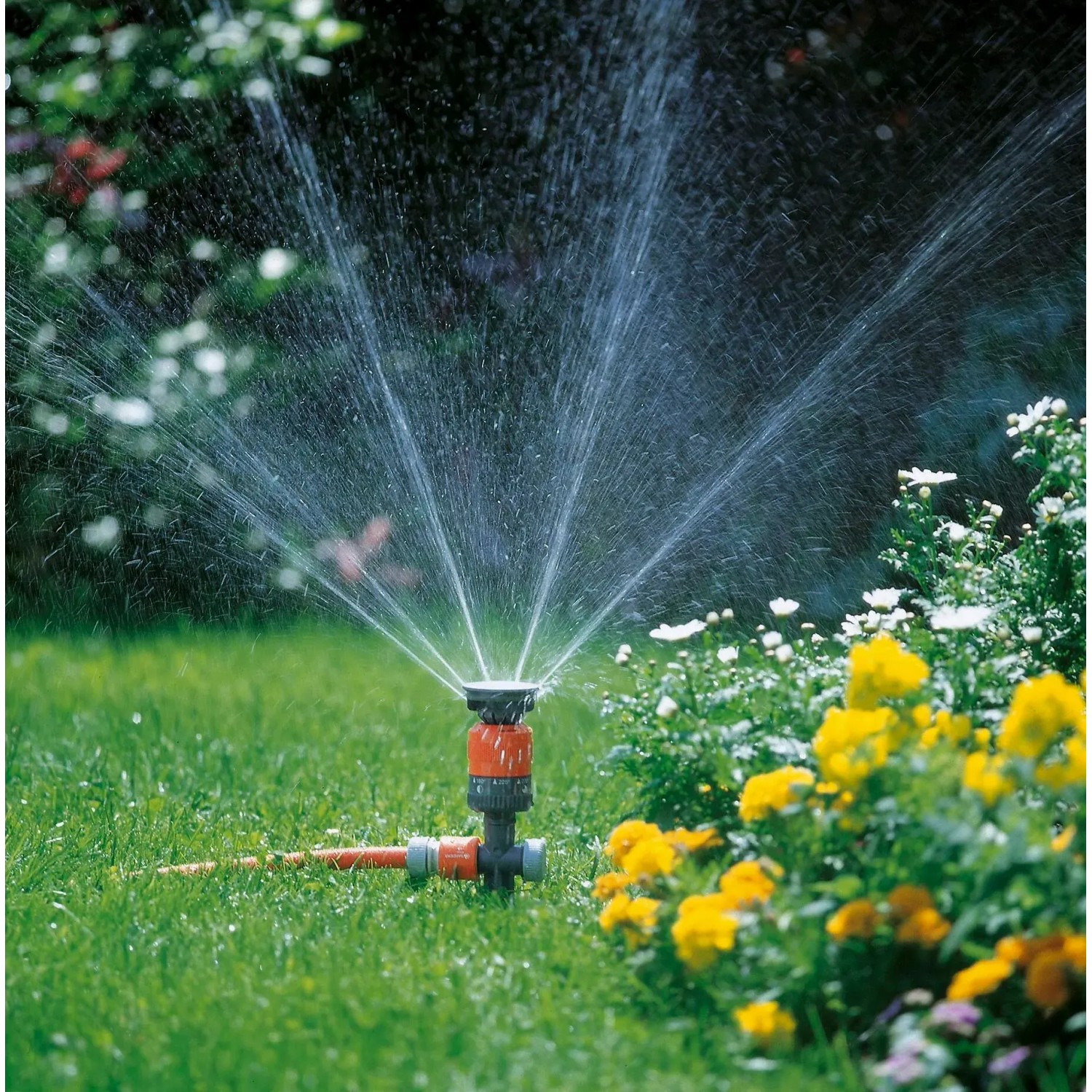 Irrigatore a cerchio Gardena Comfort Vario su picchetto irriga il prato. Irrigatore con getto d'acqua in giardino.