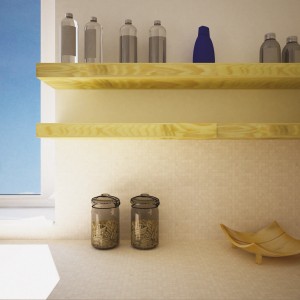 Piastrelle a mosaico decorative sulla parete con mensole ed elementi decorativi.
