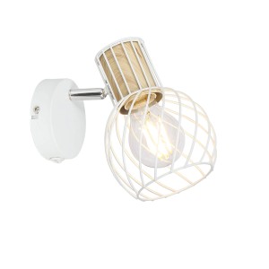 Faretto bianco t.b.t. con dettagli in legno, moderno spot da soffitto o parete per interni.