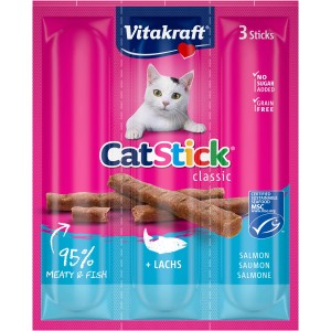 Vitakraft Cat Stick Salmone, confezione da 3. Snack per gatti al salmone di qualità MSC.