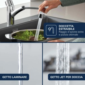 Miscelatore monocomando Grohe QuickFix cromato con doccetta estraibile, mostra getto laminare e a doccia.