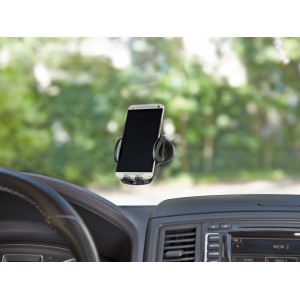 Supporto per smartphone da auto OBI con ventosa fissato al cruscotto.