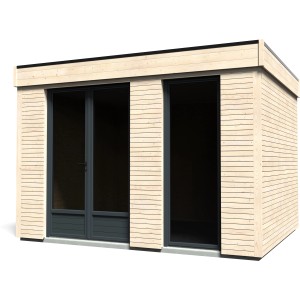 Moderna casetta da giardino in legno Decor Home con tetto piatto e ampie finestre.