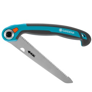 Sega pieghevole da giardino Gardena 200 P con manico blu-grigio e lama. Sega compatta per tagli precisi.