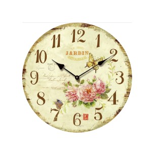 Orologio da parete decorativo in stile vintage con motivo floreale e farfalla per ambienti domestici.