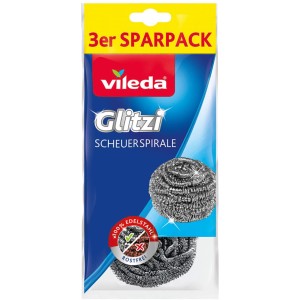 Vileda Glitzi spirale abrasive confezione da 3 in acciaio inox per pulizia energica.