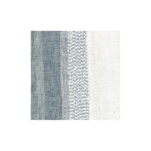 Primo piano di un campione di tessuto per una tenda tessile in blu, grigio e bianco.