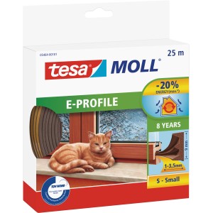 Confezione nastro sigillante Tesa Moll E-Profile, 25m, con gatto sulla finestra.