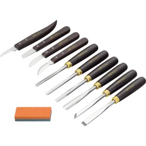 Set intaglio LUX Comfort 11 pezzi con coltelli, scalpelli, pietra affilatrice e scatola di legno.