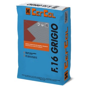 Adesivo per piastrelle CercAl F.16 Grigio, sacco di cemento blu con stampa.